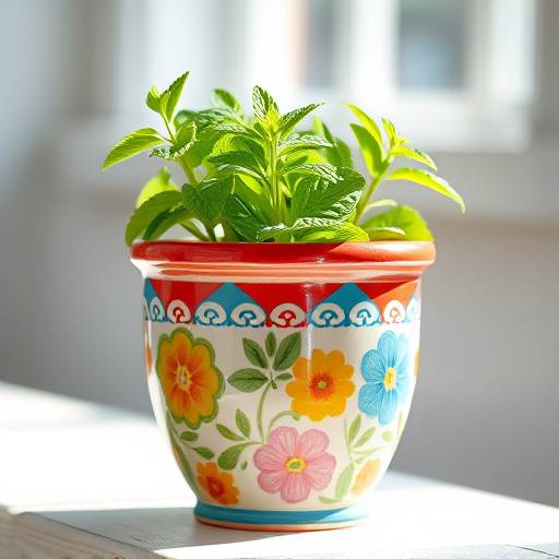Hortelã em vaso de cerâmica colorido